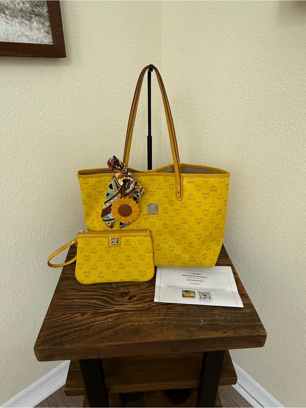 ☀️ MCM Yellow Visetos Shopper Tote Set | Matching Pouch/Wristlet | COA